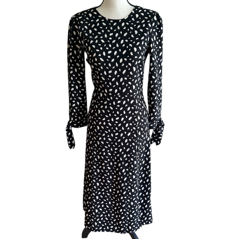 Edit by Nine Black White Patterned Midi Dress Slit Sleeve Tie Size S - Picture 4 of 13
